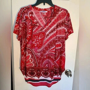 Peter Nygard Beautiful Red Print High Low Blouse Size Petite Medium